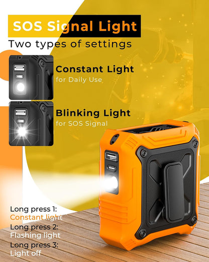 TUNISE Portable Fan with 5-Speed Settings, Dual-Sided Clip on Wearable Belt Waist Fan for 8000mAh, 2 Settings including Flashlight,Travel Essential for Outdoor Camping as Power Bank
