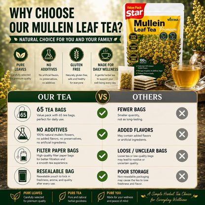 WOTIHA 65 Count Value Pack Premium Mullein Leaf Tea Bags - 100% Pure Natural Herbal tea, Lungs Cleanse & Respiratory Support, Caffeine-Free, No Additives, Non-GMO