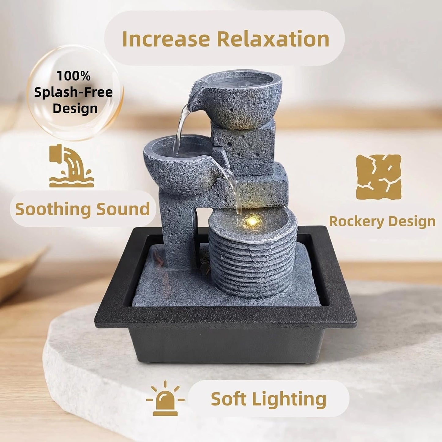 Indoor Water Fountain,No-Splash Design, 10.6" Soothing Sound Machine with Relaxing Light & Ultra-Quiet Pump, Small Indoor Waterfall for Home Office, Relaxation & Meditation,Zen Decor for Office