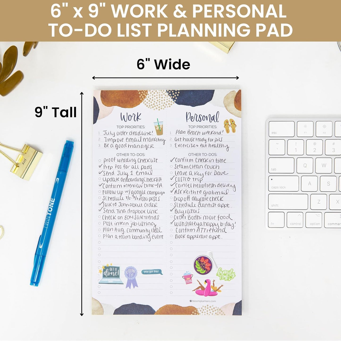 bloom daily planners Timed Work & Personal To Do List Planning Pad - ADHD Friendly Undated Tear-Off Hourly Checklist Notepad Appointment Organizer - 6" x 9" - Brushed Beige