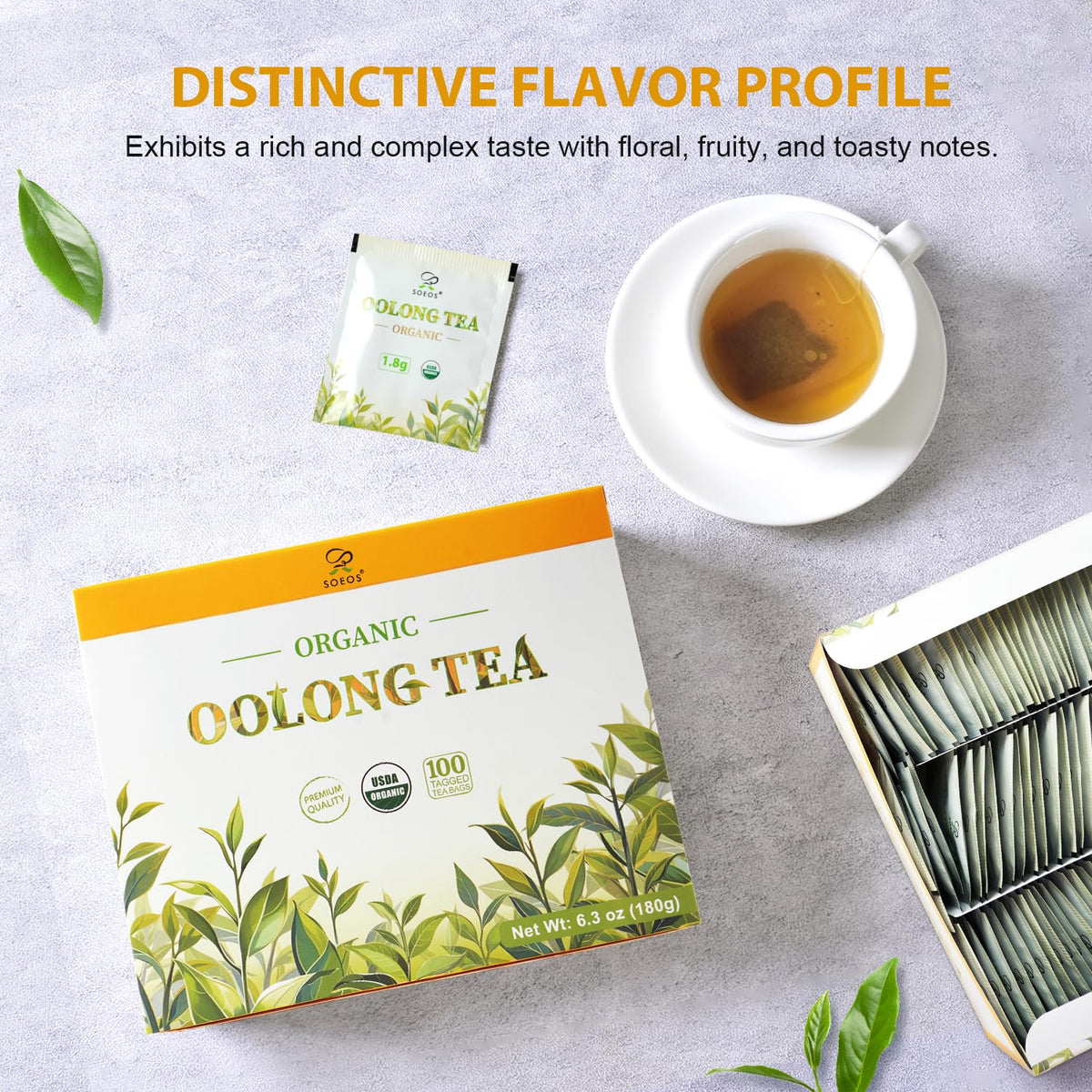 Soeos Organic Oolong Tea, 100 Tea Bags, Low Caffeine, Hot and Cold Brew, Fresh and Healthy Oolong Tea, 6.3 Ounce