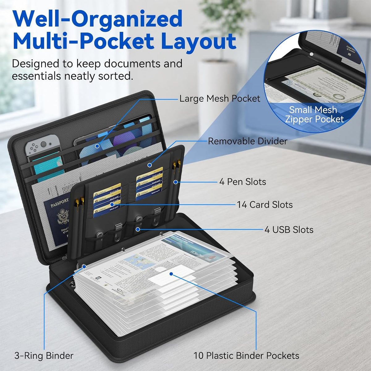 JOOFIRE Fireproof File Organizer with Lock&10 Pack Clear Binder Pockets