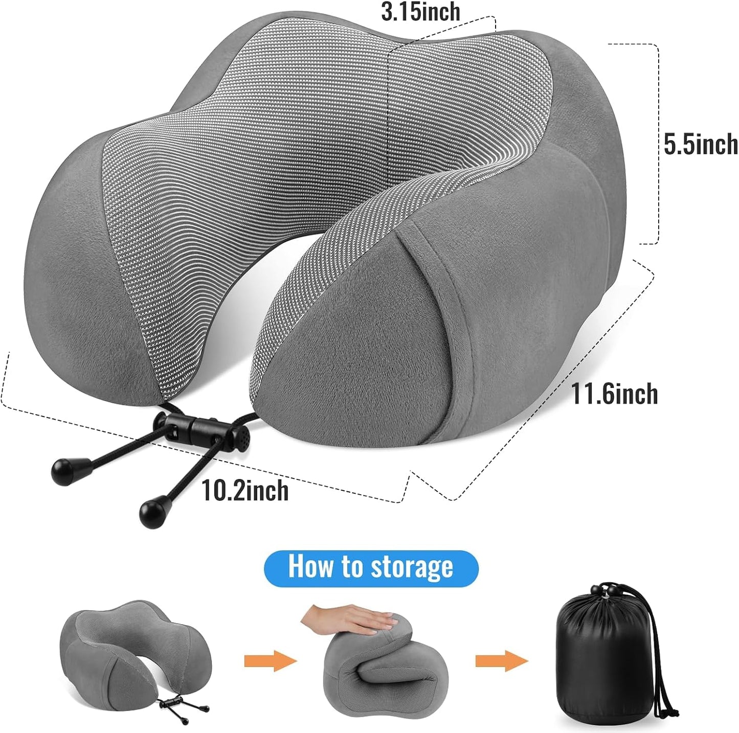 CloudBliss Travel Pillow for Airplane, Memory Foam Neck Pillow for Travel, Compact Flight Pillow with Eye Mask, Earplugs, Carry Bag, Travel Neck Pillow for Long Flight Sleep, Plane Accessories, Black
