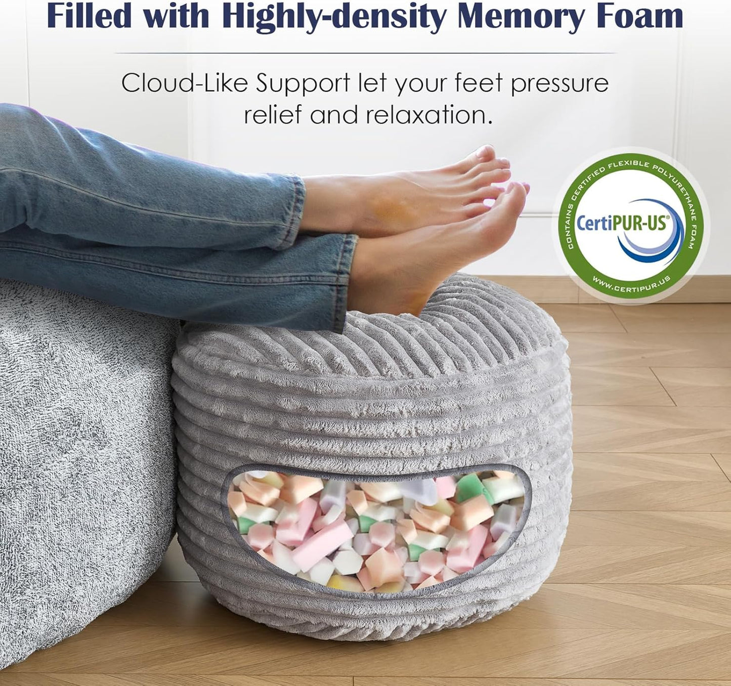 SHOUREN Stuffed Round Ottoman,Corduroy Pouf Ottoman Foot Rest with Foam Filling,Pouf Storage Ottoman Footstool for Living Room,20 X 15 Floor Poufs for Couch,Footrest Only - 20 X 15 Inches,Beige