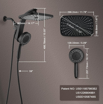 BOZYBO Rain Shower Head with Handheld: High Pressure Shower Heads with Handheld Spray Combo, 12" Rainfall Shower Head and 9 Sprays Hand Showerheads with Magnetic Docking and Power Jets, Black 1.75GPM
