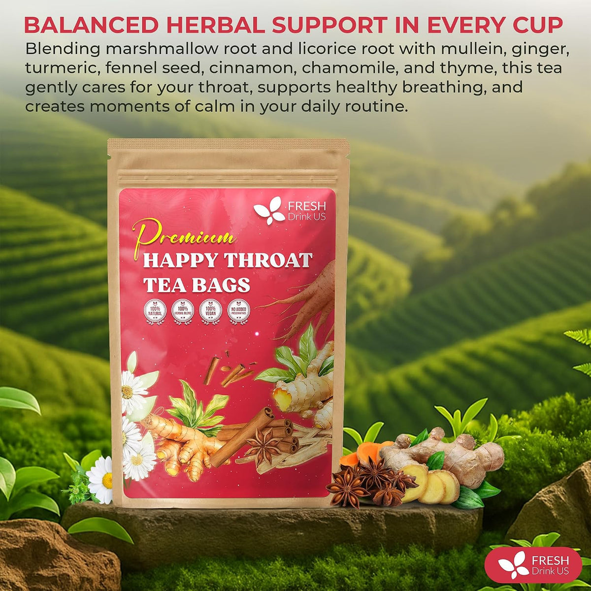 FreshDrinkUS, Premium Happy Throat Herbal Tea, 75 Count, Caffeine Free