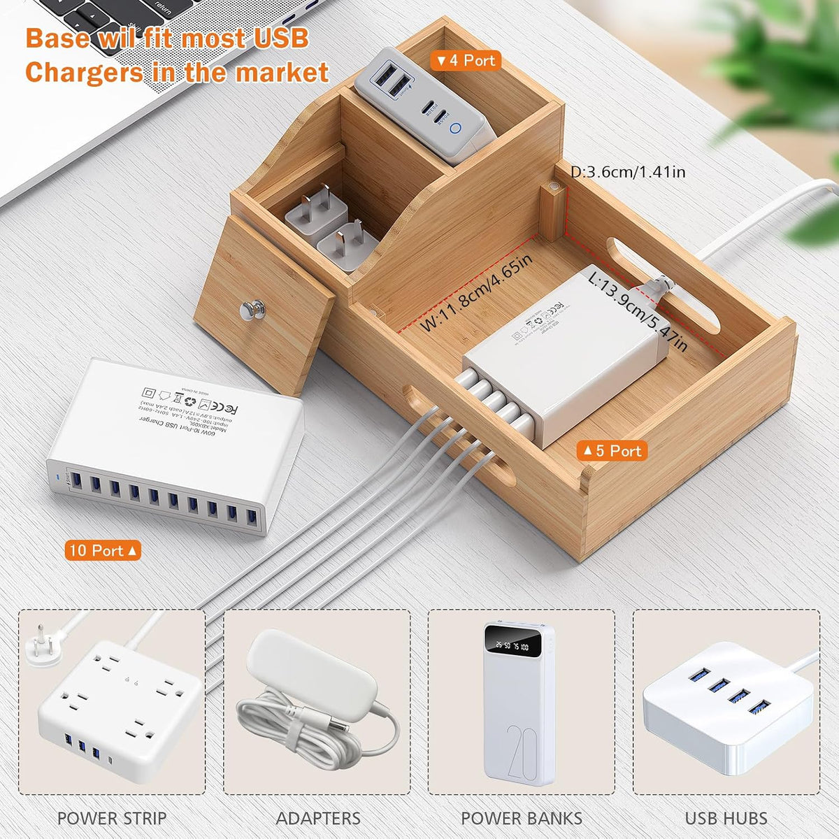 Bamboo Charging Station for Multiple Devices with USB Charger, 5 Cables