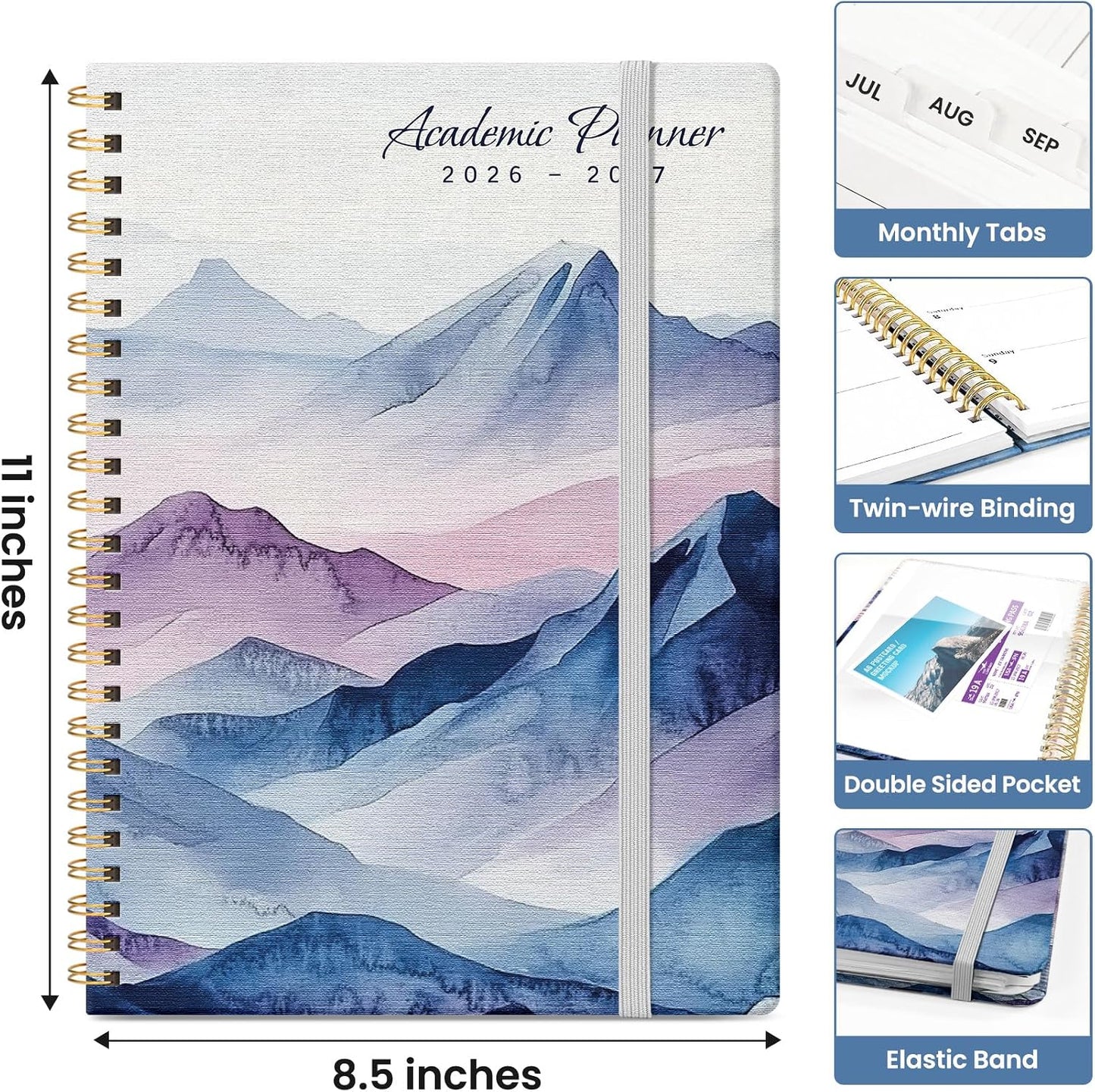 Planner 2026-2027, Academic Monthly and Weekly Calendar Planner for Women, July 2026 - June 2027, Hardcover Pretty Agenda Planner Book with Tabs, Spiral Daily Organizer for School Office Home Supplies, 6.3" x 8.5" - Blue Floral