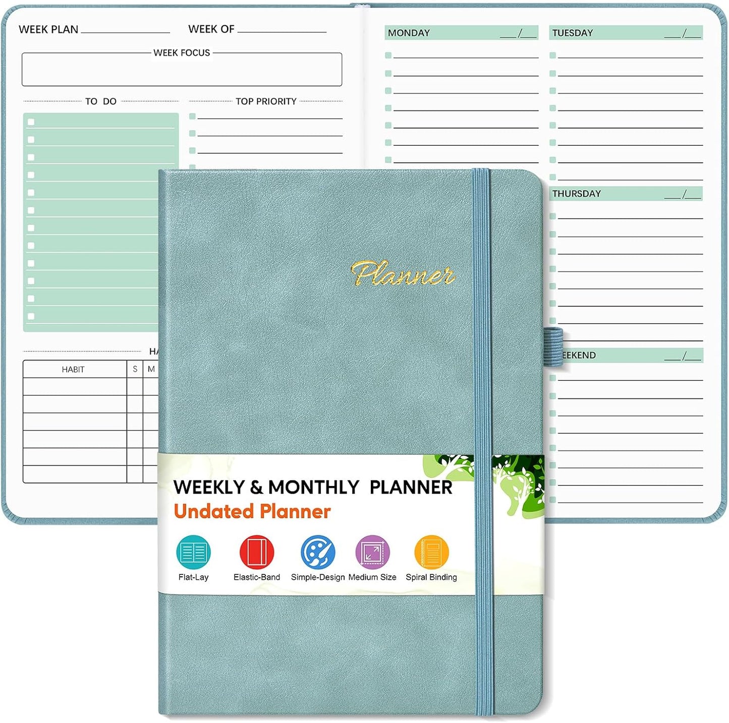 Undated Weekly and Monthly Planner, Hardcover Leather Calendar Blank Planner, Simplified To Do List Notebook with Goal & Habit Tracker Organizer, A5 Daily Weekly Planner for Work School Home, Black