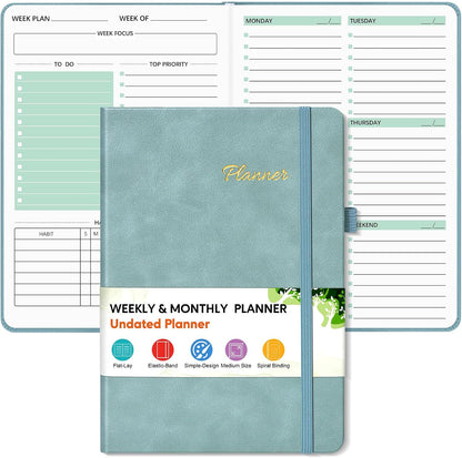 Undated Weekly and Monthly Planner, Hardcover Leather Calendar Blank Planner, Simplified To Do List Notebook with Goal & Habit Tracker Organizer, A5 Daily Weekly Planner for Work School Home, Black