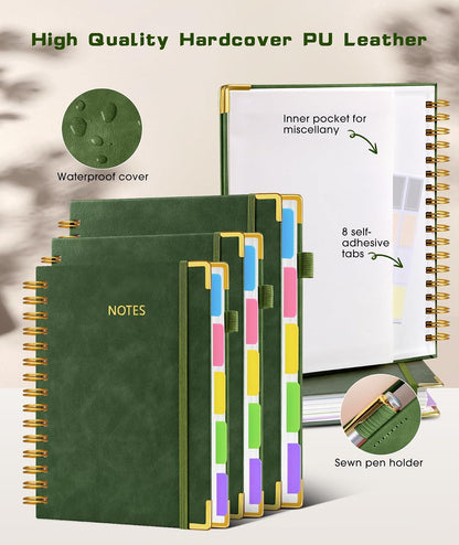 Hardcover Spiral Notebook journal with Removable Dividers Tabs, 300 Pages Leather 5 Subject Notebook College Ruled, 8"x10" Large B5 Notebooks for Work School Note taking, Lined Journal for Women,Black