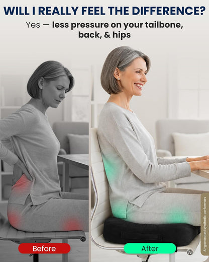 5 STARS UNITED Seat Cushion - Memory Foam Chair Cushion for Tailbone Pain Relief - Ergonomic Support for Coccyx, Sciatica & Butt - Office, Desk & Gaming Chair, Car Seat, Wheelchair, Black Suede