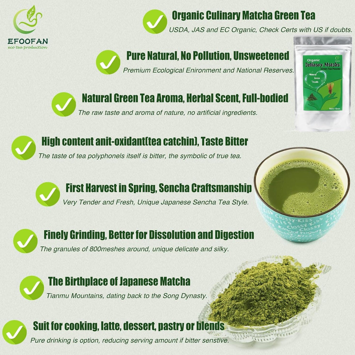 EFOOFAN USDA & COR Certified Organic Ceremonial Grade Matcha Powder – First Harvest Shade-Grown Tencha from Hangzhou, Vibrant Jade Green & Smooth Umami, No Sugar, Ideal for Traditional Tea or Latte (45g Tin)
