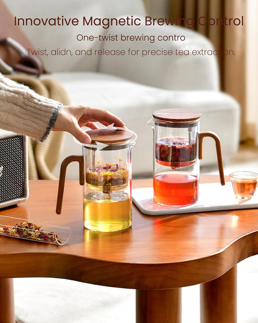 ZENS Magnetic Tea Pot, Enchanted Glass Teapot with Infuser and Magnetic Suction Lid for Mess-Free Loose Tea Diffusers, Walnut Wood Handle, Tea Lovers Gifts