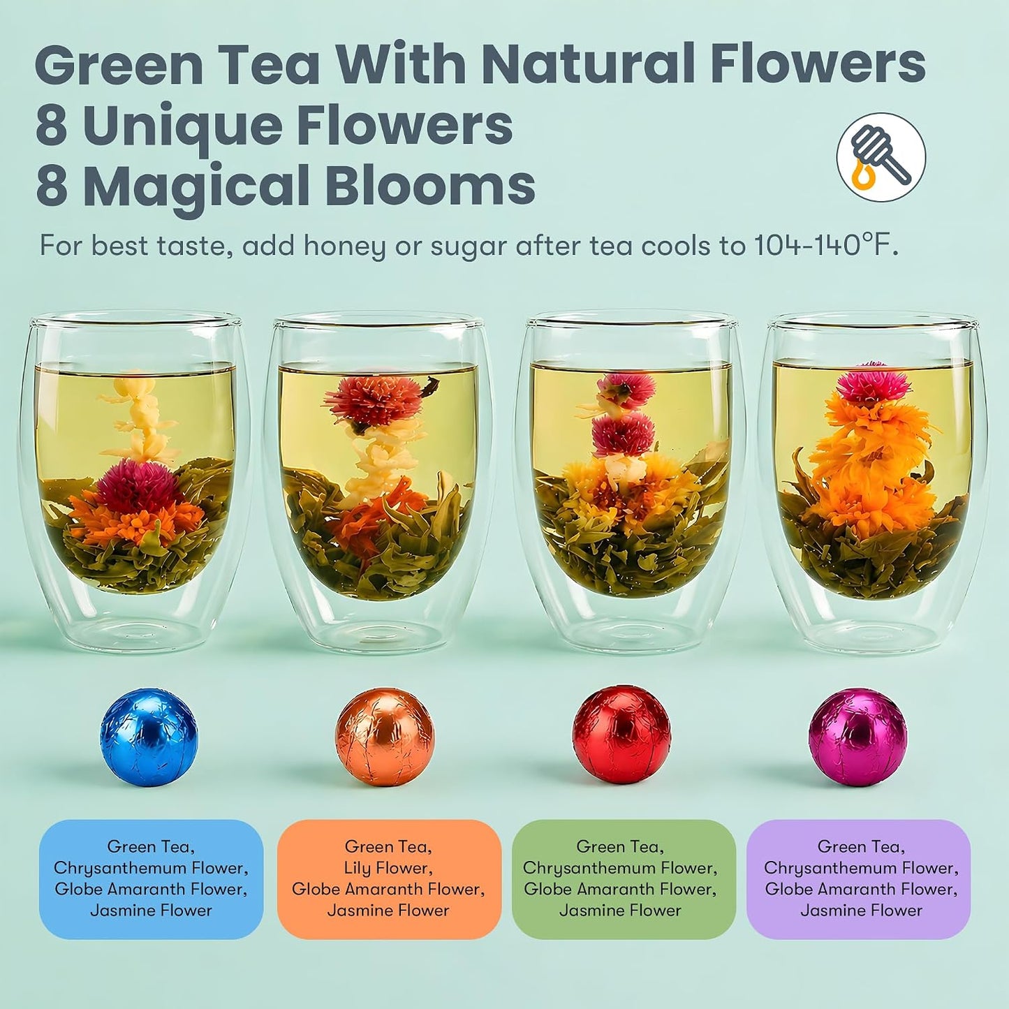 Blooming Tea Gift Set with Double-Walled Glass Teacup, 8 Handcrafted Flowering Tea Balls, Artisan Green Tea and Flower Varieties, Perfect Birthday and Anniversary Gift for Tea Lovers