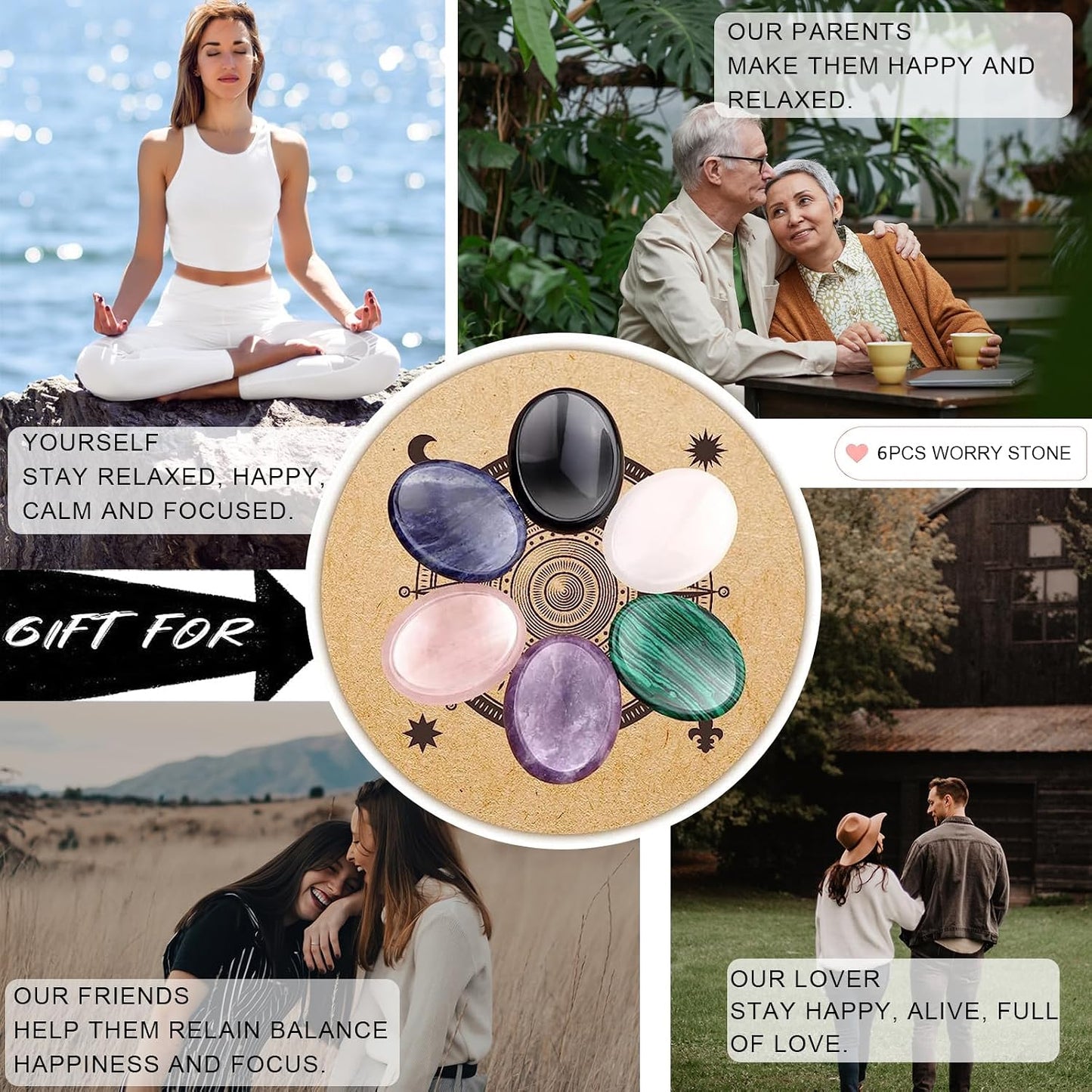 6PCS Thumb Worry Stone for Anxiety Healing Crystals Sets, Hand Carved Crystals and Healing Stones, Meditation Crystal Reiki Natural Relax Palm Stone for Anxiety Therapy Relief