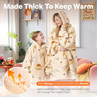 Giggling Getup Wearable Blanket Hoodie for Adults Gifts for Teen Girls Sister Women Sherpa Fleece Printed Hooded Blanket Sweatshirt Warm Cozy with Pocket & Sleeves Beige Cat