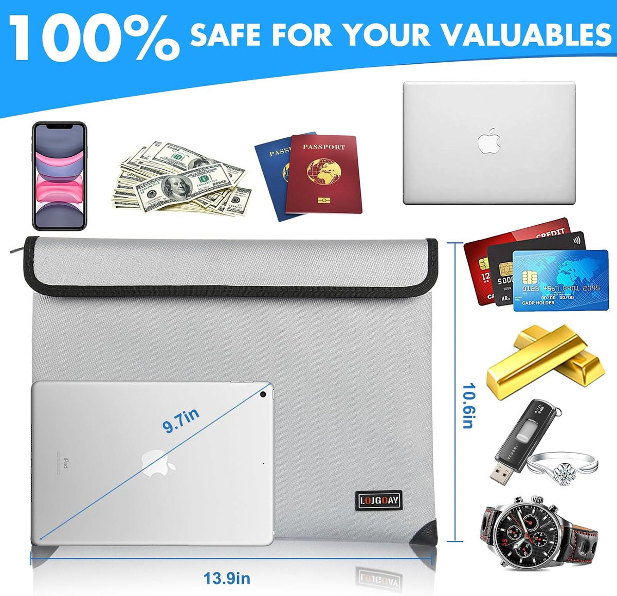 Fireproof Document Bag - with 5200°F Heat Insulated, Waterproof Fireproof Bag with Zipper, 8 Layers of Functional Materials, Fireproof Money Bag for Cash/Documents/Valuables, Fire bag 11"x7.7"
