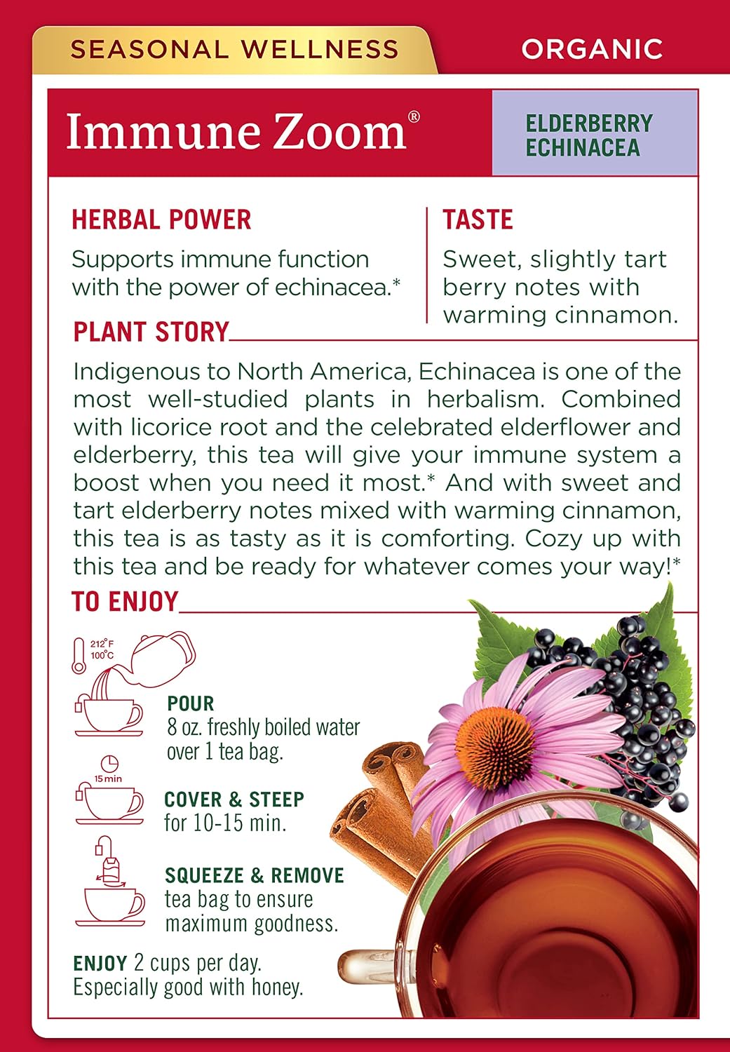 Traditional Medicinals, Organic Immune Zoom Echinacea Elderberry Tea Immune Elderberry, 16 Count (Pack of 2)
