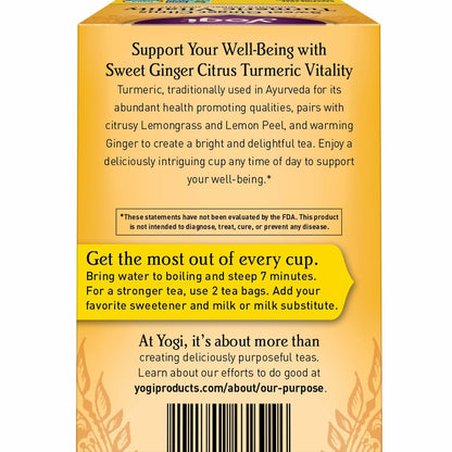 Yogi Sweet Ginger Citrus Turmeric Vitality Tea, 16 Tea Bags (4 Pack)