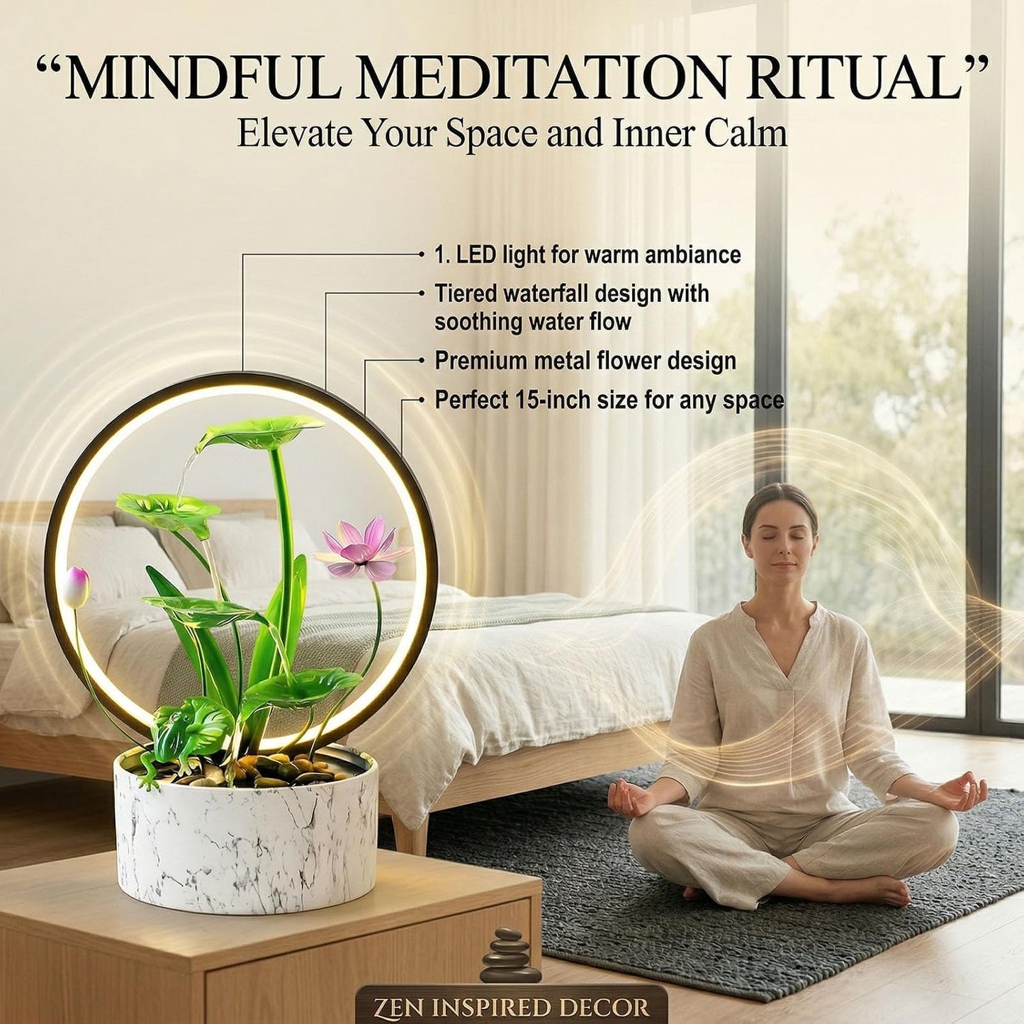 11‘’ H Gold Tabletop Water Fountain, Zen Desktop Waterfall, Indoor Lotus Desktop Decorative Fountain, Home Bathroom Bedroom Decor.