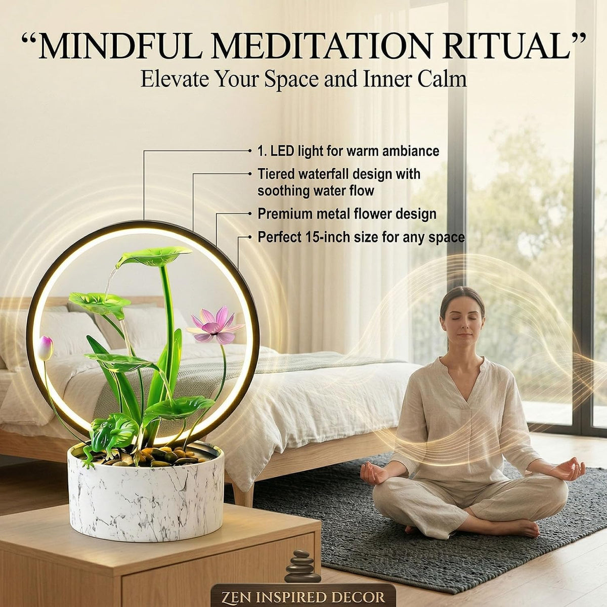11‘’ H Pink Tabletop Water Fountain, Zen Desktop Waterfall, Indoor Lotus Desktop Decorative Fountain, Home Bathroom Bedroom Decor.