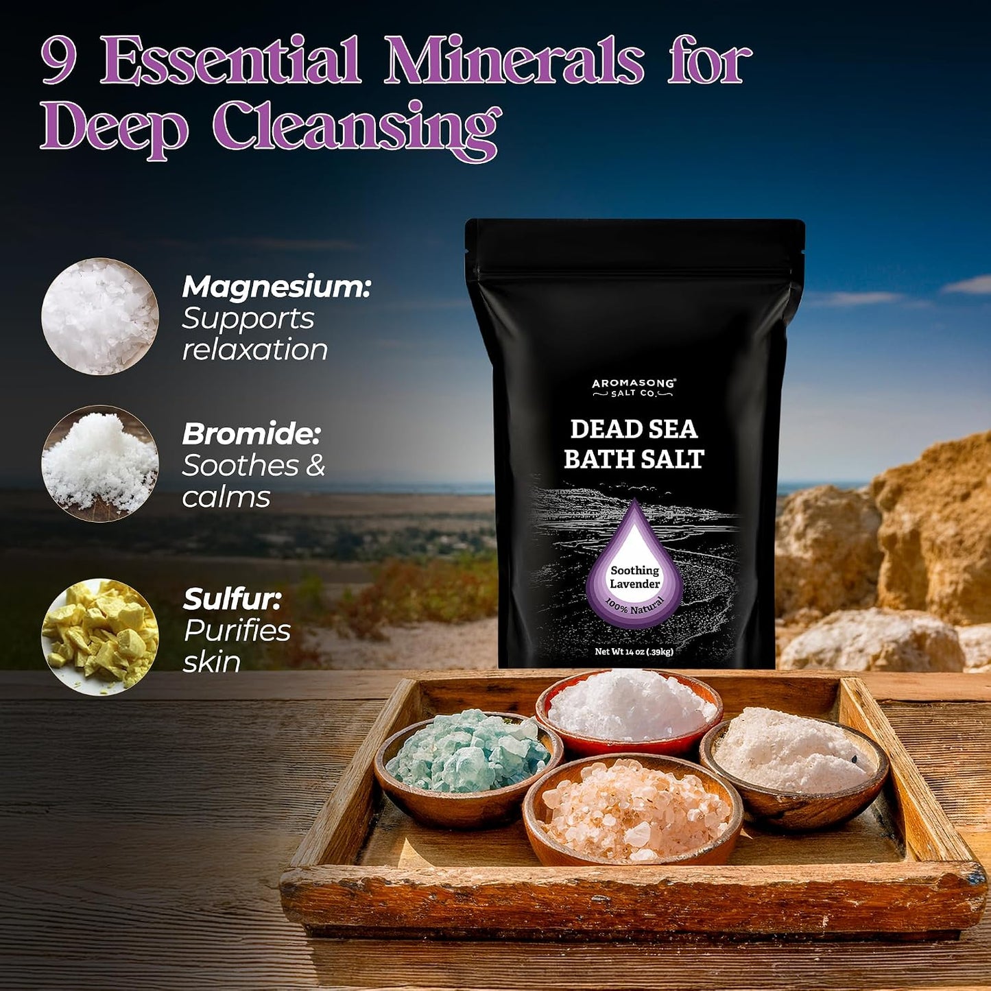Aromasong Dead Sea Salt Bath Soak 14 OZ Pack – 100% Natural Dead Sea Salts for Soaking, Relaxation, and Detoxification of Skin, Dead Sea Salts for Bath to Rejuvenate and Refresh- Resealable Pack