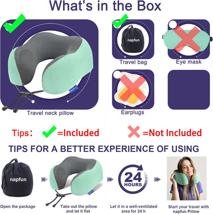 napfun Neck Pillow for Traveling, Upgraded Travel Neck Pillow for Airplane 100% Pure Memory Foam Travel Pillow for Flight Headrest Sleep, Portable Plane Accessories, Light Grey