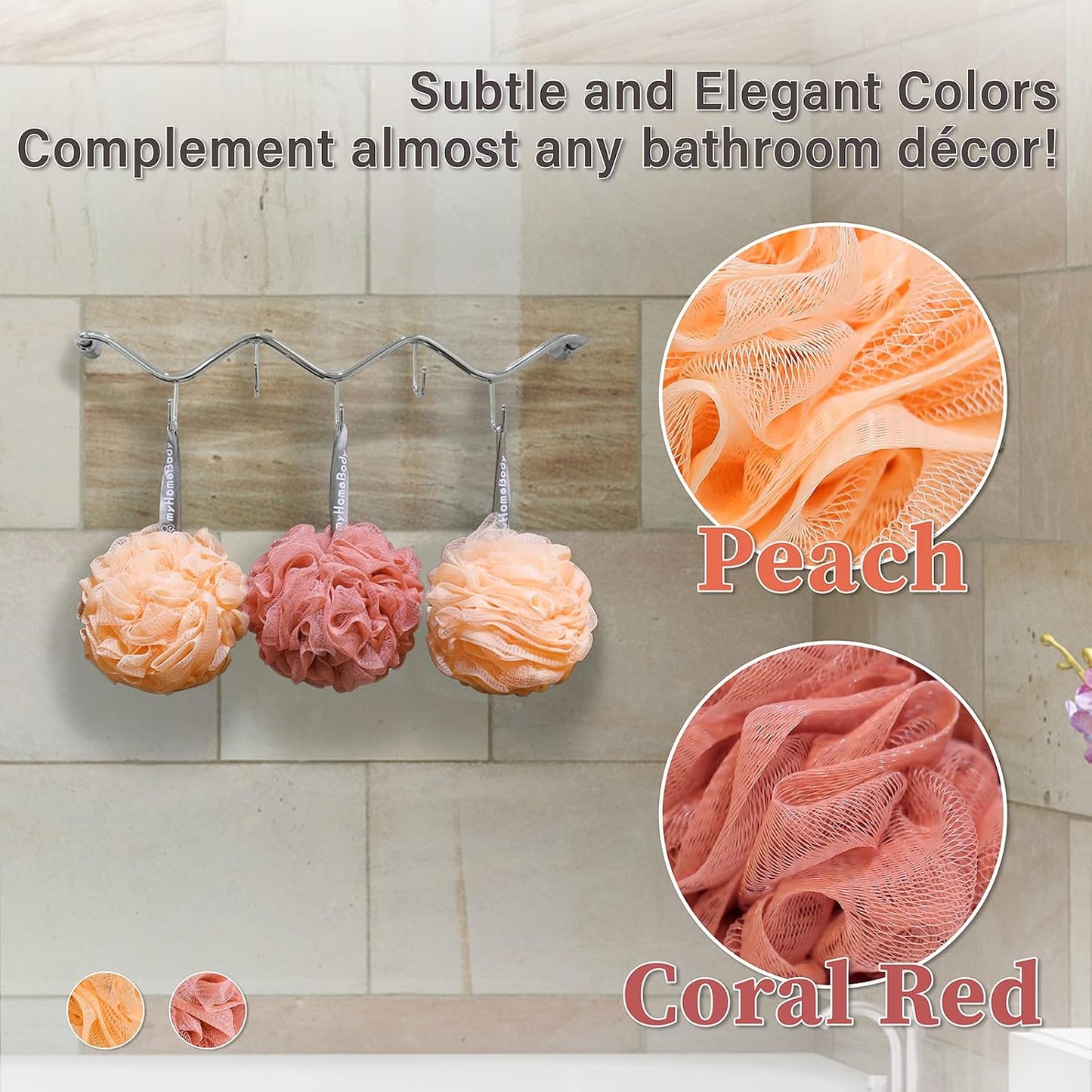 myHomeBody Large 70g Loofah Sponge, Bath Body Scrubber for Women, Men, Exfoliating Shower Pouf with Activated Charcoal - 2 Graphite Gray + 1 Sage Green, 3 Pack