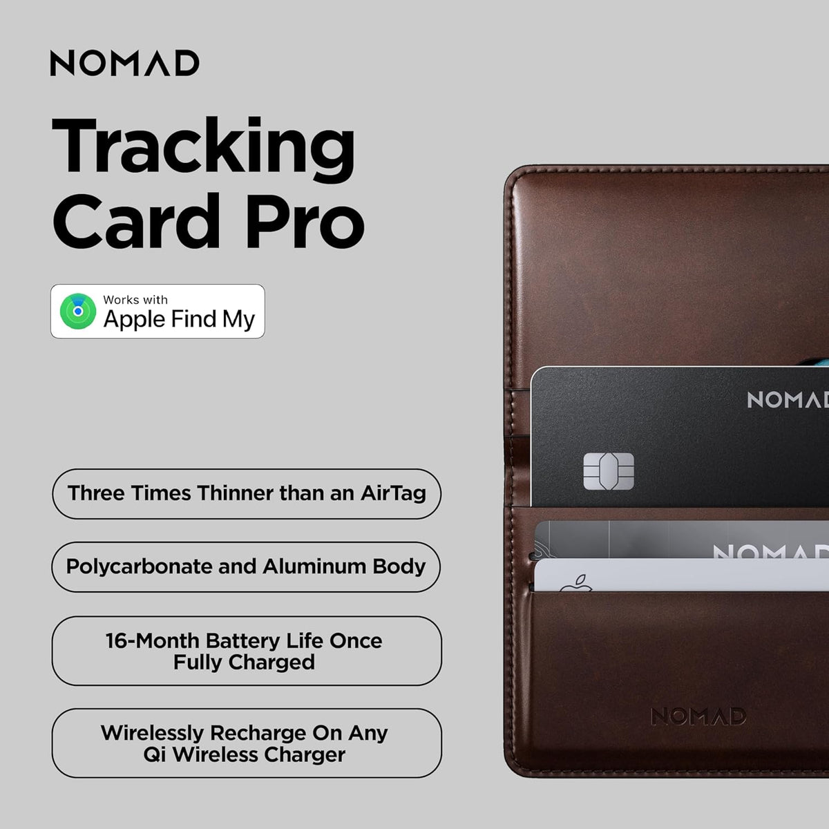 Nomad Tracking Card Carbide, Slim Card Tracker with IPX7 Waterproof and Dust Proof Card Tracker for Wallet & Luggage, 5 Months GPS Tracker Long Battery Life, Rechargeable, Compatible with iOS Only