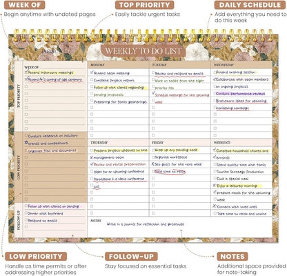 Weekly To Do List Notepad with 52 Undated Sheets（8.5"×11"）- Undated Weekly Planner Notepad for Office Desk Accessories and Supplies - Sunshine Petal