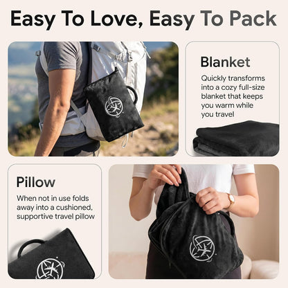 2-in-1 Travel Blanket and Pillow – Lightweight, Compact, Ultra Soft, Machine Washable – Handle, Luggage Sleeve, Backpack Clip – for Travel Airplane, Car, Office (Gray)