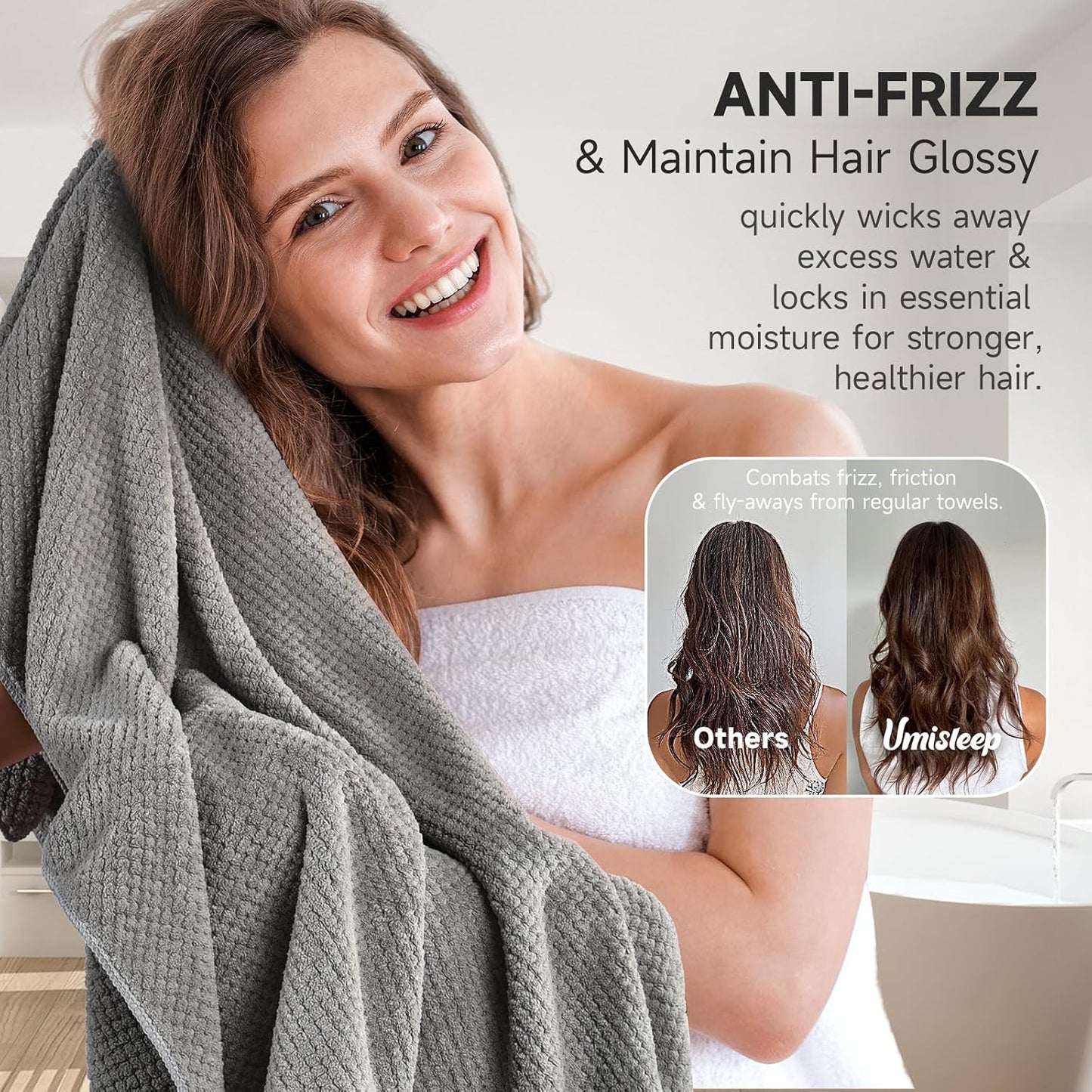 Umisleep Extra Large Microfiber Hair Towel for Women Long, Curly, Thick Hair, Super Soft Anti Frizz Quick Dry Hair Towel Wrap, Ultra Absorbent Hair Turban with Elastic Band White