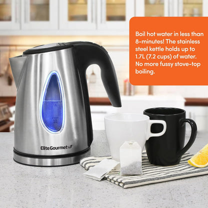 Elite Gourmet EKT5051 1.7L Electric Water Kettle, BPA-Free, Fast Boil, Auto Shut-Off, Boil-dry Protection, 360° Swivel Base with Cordless Serving, Clear-view Window with Water Level Markings, Black