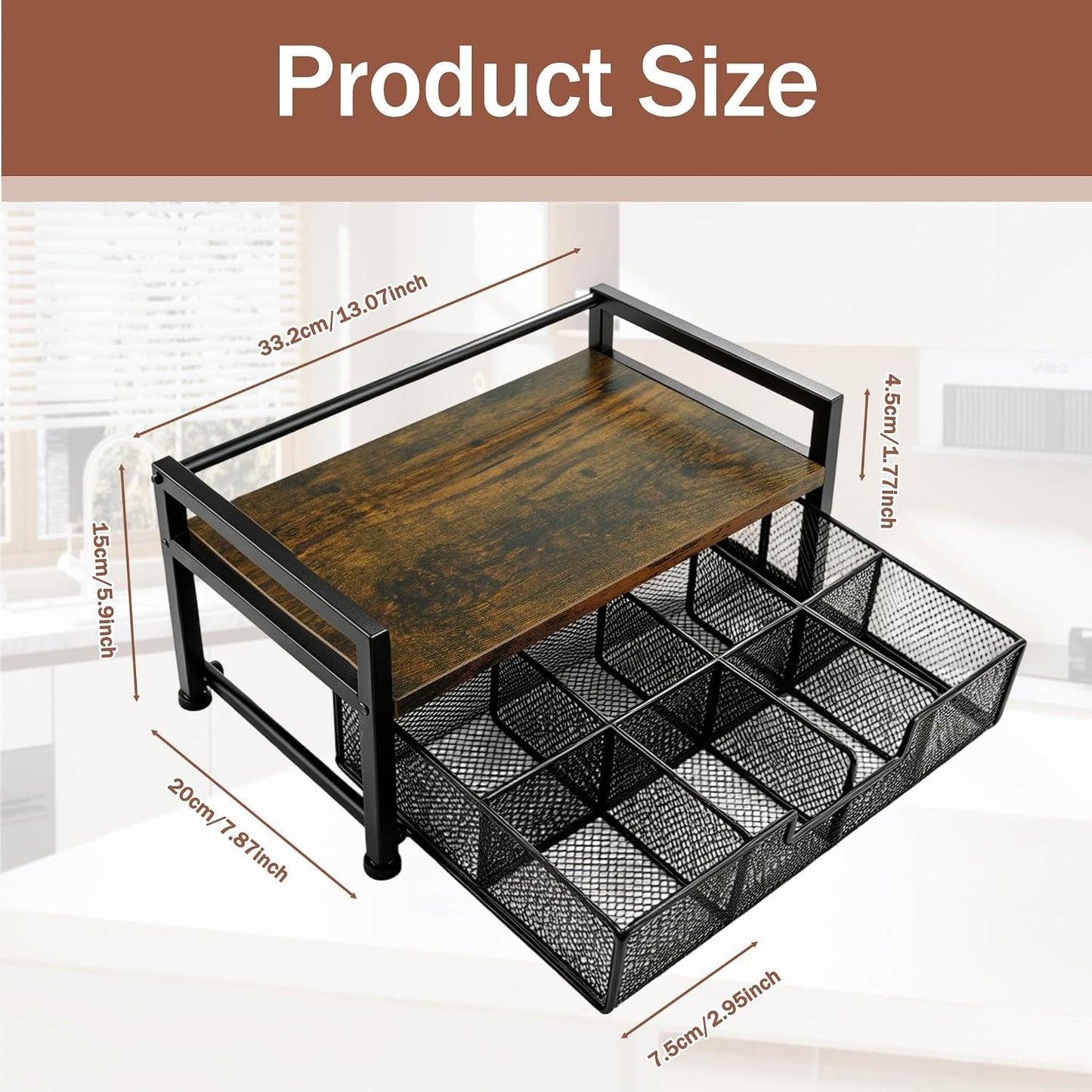 Tea Bag Organizer And Storage with Drawer Teabag Holder Tea Box | Wood and Metal Tea Organizers, Brown Tea Storage Chest Display Container for Countertop Kitchen, Office