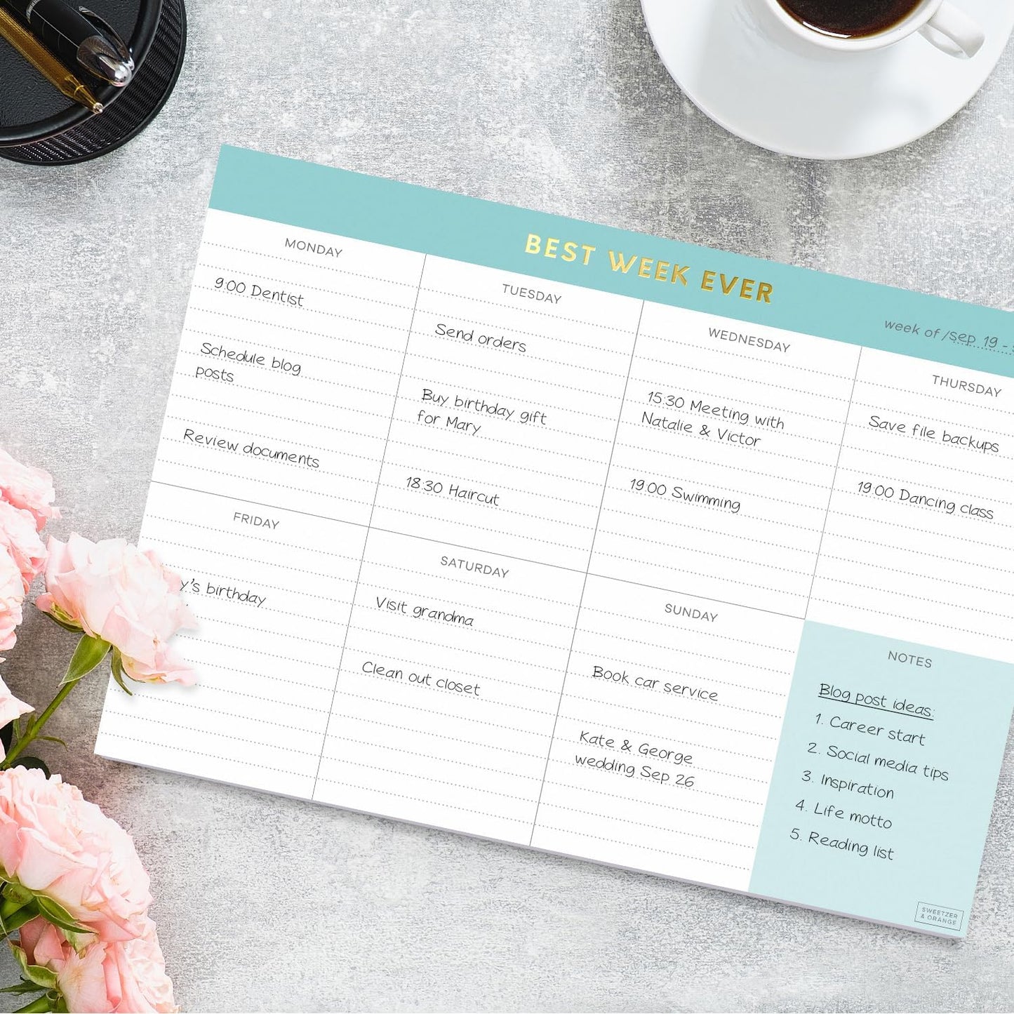 Sweetzer & Orange Weekly To Do List Pad. Gold Foil 7 days Planner with Daily Roadmap Agenda Squares. 7x10” Day Workbook 2026 - Student Blueprint, Work Manual, and Checklist Note Pad