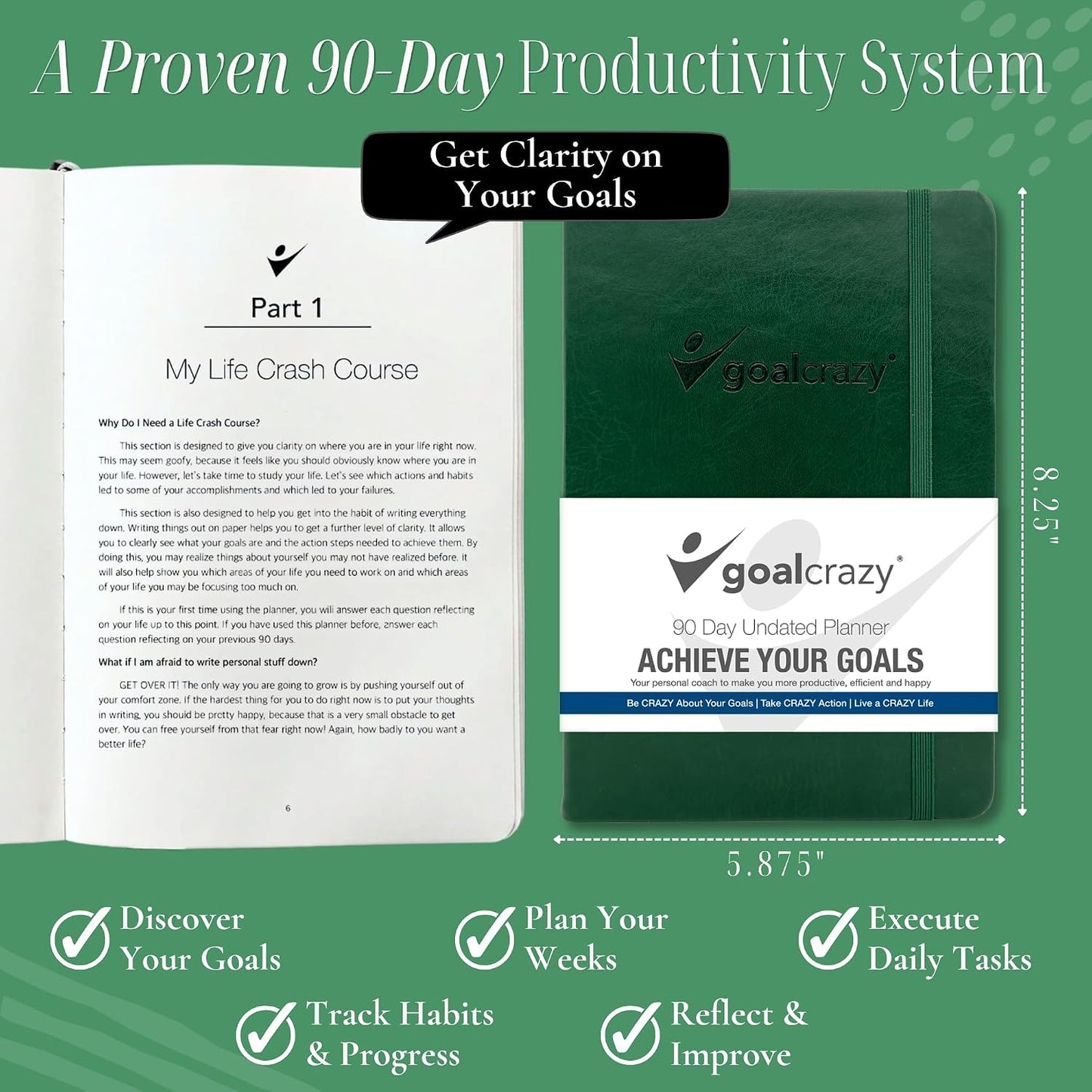 Goal Crazy Undated Planner – 90 Day Guided Journal & Productivity Organizer, A5 Daily & Weekly Planner with Goal Setting, Habit Tracker, To Do List, Academic & Work Calendar, Leather Hardcover - Black