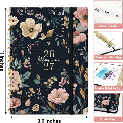 Planner 2026-2027, Academic Monthly and Weekly Calendar Planner for Women, July 2026 - June 2027, Hardcover Pretty Agenda Planner Book with Tabs, Spiral Daily Organizer for School Office Home Supplies, 6.3" x 8.5" - Blue Floral
