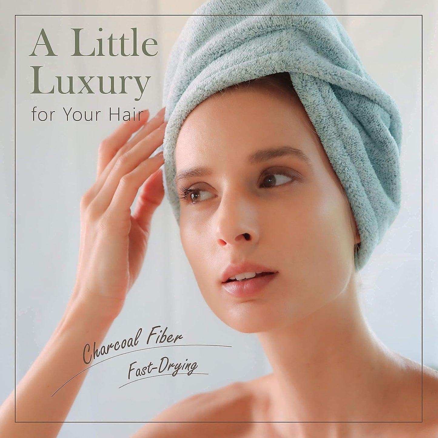 myHomeBody Hair Towel Wrap, Luxury Quick Drying Turban, Ultra Soft Absorbent Charcoal Fiber Cap, with Coconut Shell Button – Gray