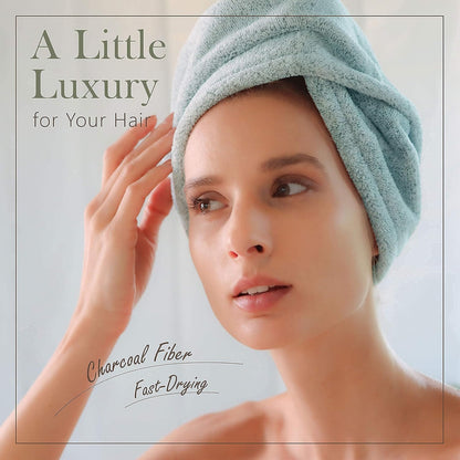 myHomeBody Hair Towel Wrap, Luxury Quick Drying Turban, Ultra Soft Absorbent Charcoal Fiber Cap, with Coconut Shell Button – Gray