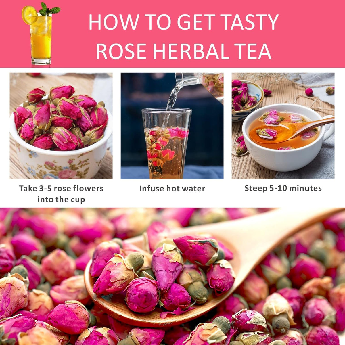 Goofoo Natural Edible Dried Whole Rose Buds Loose Leaf Herbal Tea 2.8 Oz