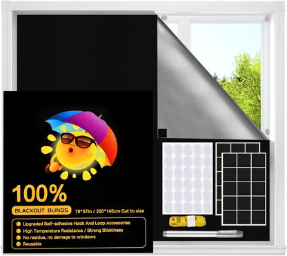 Blackout Window Cover, Upgraded Hook and Loop - Portable Shades No Residue and Longer Lasting, 100% Blackout Blinds for Window 79″ x 57″, Black Out Curtains for Bedroom and Baby Room 2m