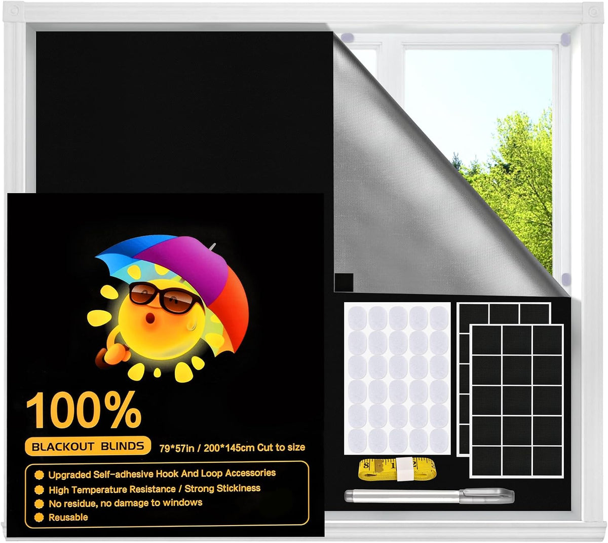 Blackout Window Cover, Upgraded Hook and Loop - Portable Shades No Residue and Longer Lasting, 100% Blackout Blinds for Window 79″ x 57″, Black Out Curtains for Bedroom and Baby Room 2m