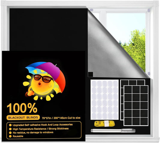 Blackout Window Cover, Upgraded Hook and Loop - Portable Shades No Residue and Longer Lasting, 100% Blackout Blinds for Window 79″ x 57″, Black Out Curtains for Bedroom and Baby Room 2m