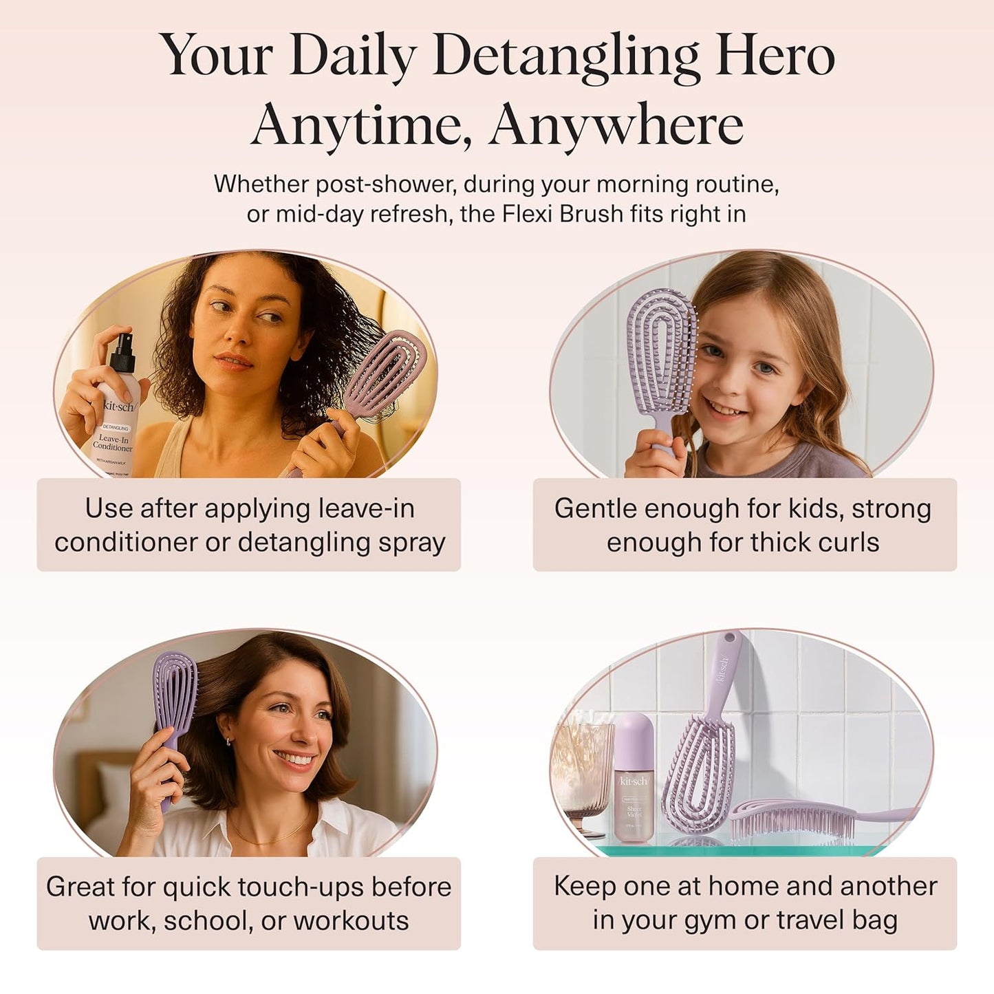 Kitsch Hair Brush Detangler – Flexi Flow Hair Brush for Women, Men & Kids | Detangling Brushes for Curly Hair with Bendable Frame, Bounce Curl Defining Brush for Wet or Dry Strands - Soft Violet