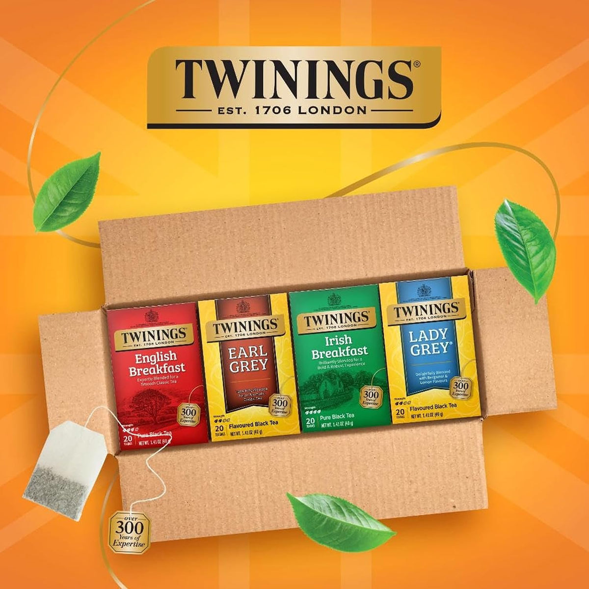 Twinings Variety Pack Black Tea Bags, 20 Count (Pack of 4), Includes English Breakfast, Earl Grey, Irish Breakfast, and Lady Grey, Caffeinated, Enjoy Hot or Iced, 80 Teabags