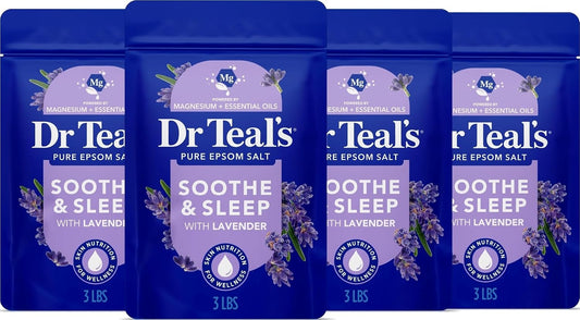 Dr Teal's Pure Epsom Magnesium Salt Soak, Soothe & Sleep with Lavender, 3 lb (Pack of 4)