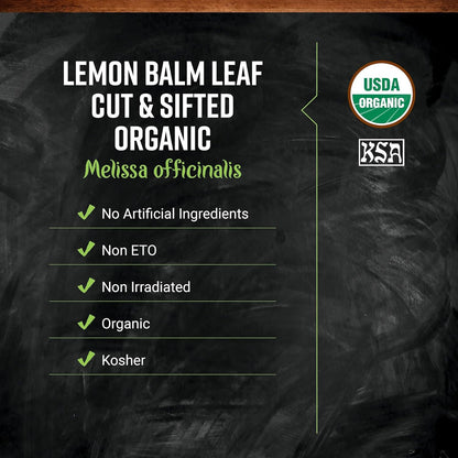 Frontier Co-op Organic Lemon Balm Leaf, Cut and Sifted, Kosher, Bulk Bag - Dried Lemon Balm Herb Loose Leaf Tea - Melissa Tea, Toronjil | 16 Ounce (Pack of 1)