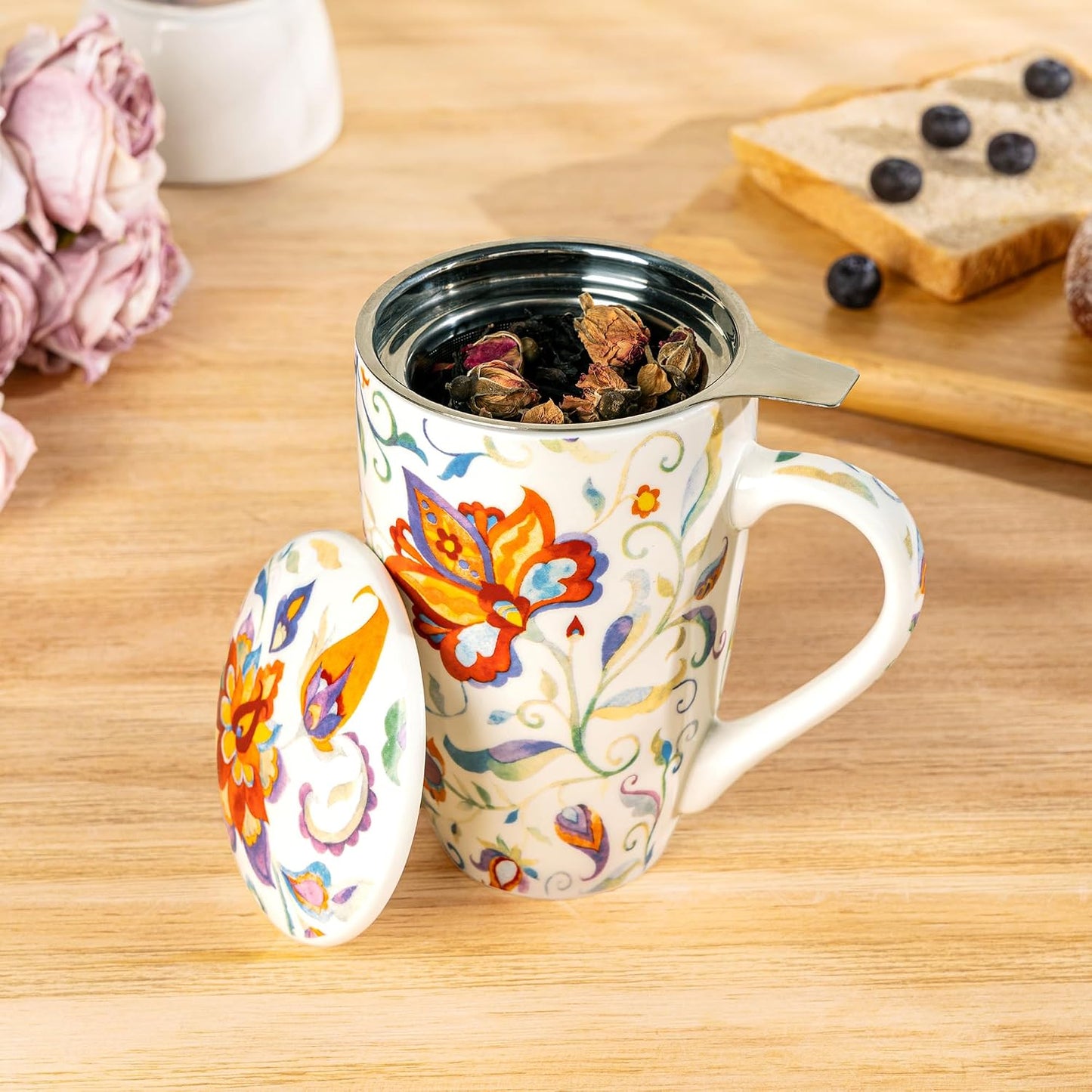 GBhome Tea Mug with Infuser and Lid, 18 Ounce Large Ceramic Loose Leaf Cup, Microwave, Dishwasher Safe, Perfect for Tea Lovers