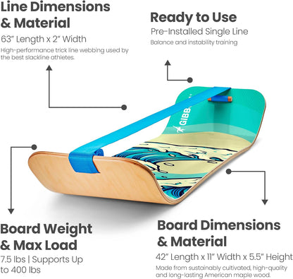 GIBBON SlackBoard - GiBoard Balance Board - Gift for Kids & Adults - 1 & 2 Line Options - Slackline Balance Trainer for Core Workouts, Standing Desk Exercise, Home Gym, Yoga & More